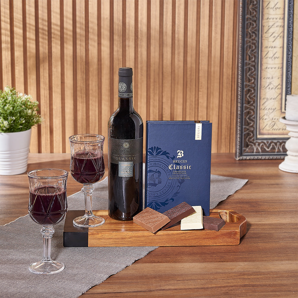 Kosher Wine and Filled Chocolate Bars Gift Basket with Acacia Cutting Board – how the gift is presented