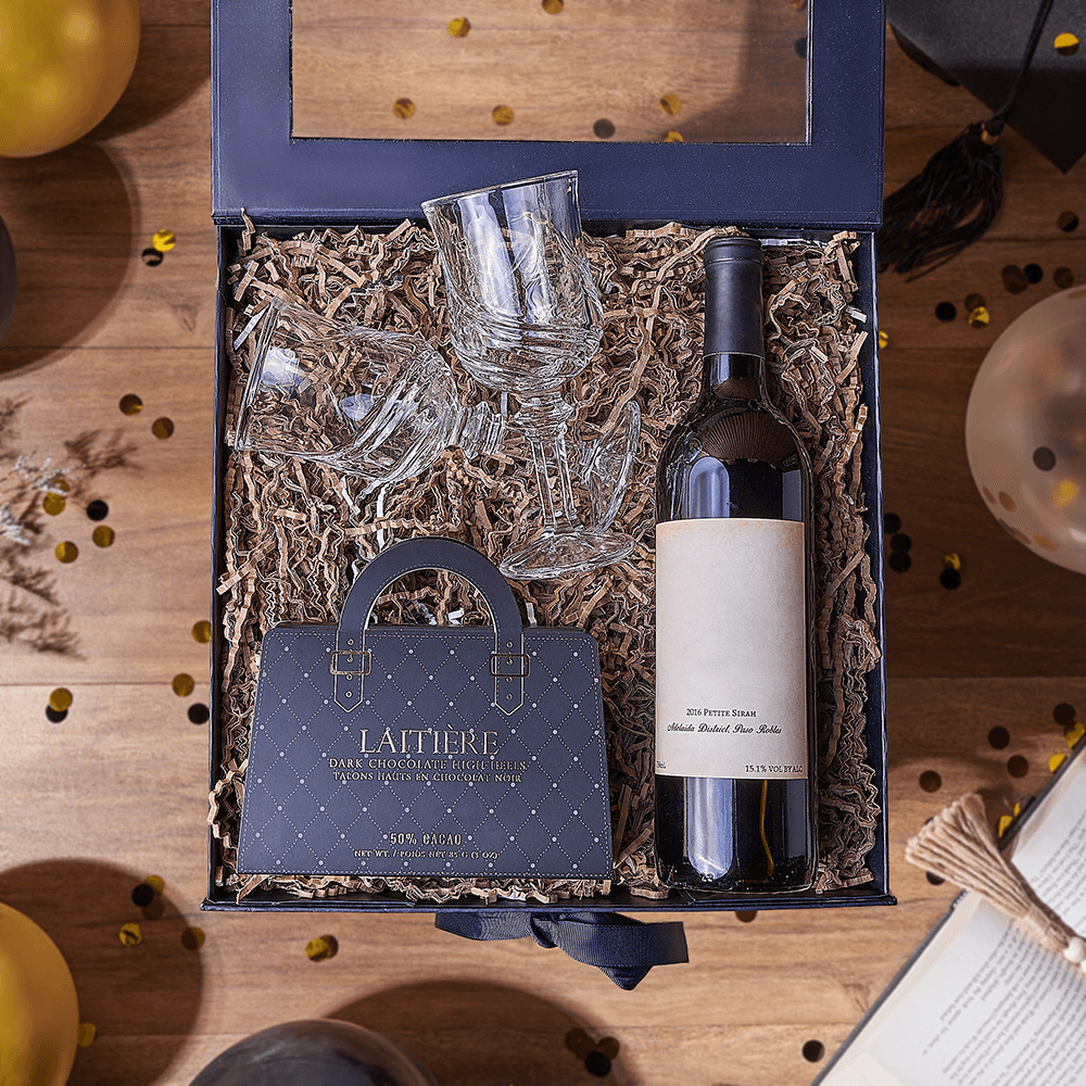 Graduation Wine Gift Basket with Dark Chocolate High Heels and Fontana Glasses – how the gift is presented
