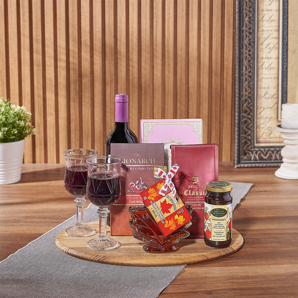 Gourmet Kosher Wine Gift Basket with Coffee and Maple Syrup – how the gift is presented