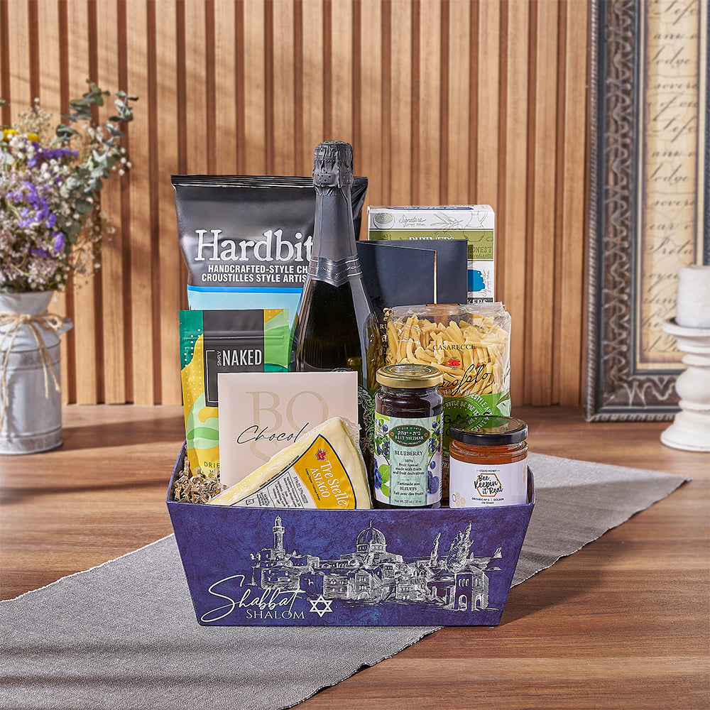 Hanukkah Sparkling Wine Gift Basket with Premium Kosher Snacks – how the gift is presented
