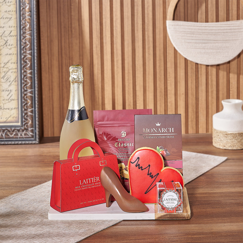 Sparkling Wine Basket with Chocolates and Serving Board for Valentine's – how the gift is presented