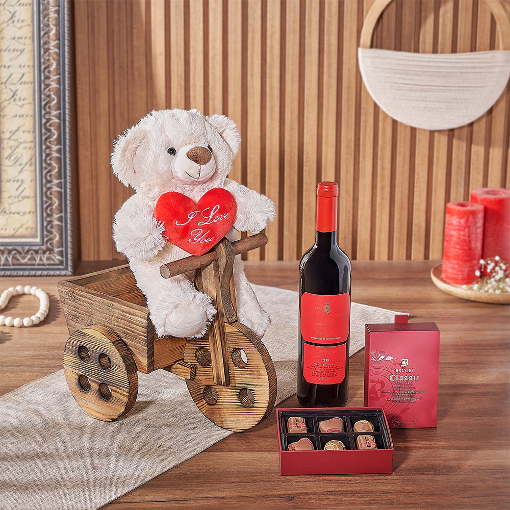 Large Wooden Cart Wine Gift Basket with Bruges Truffles for Valentine’s Day – how the gift is presented