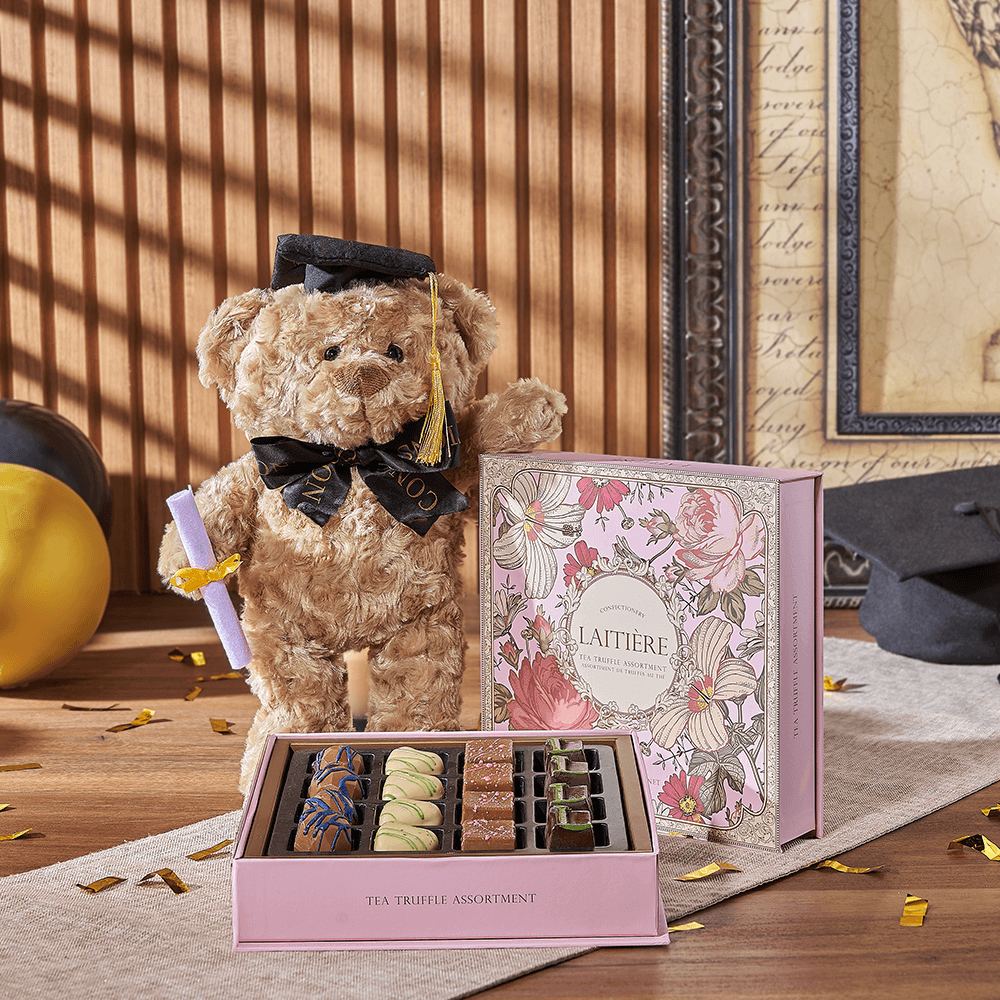 Plush Brown Graduation Teddy Bear with Laitière Tea Truffles – how the gift is presented