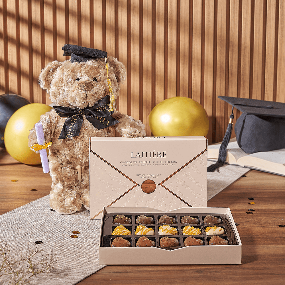 Plush Graduation Teddy Bear with Chocolate Truffle Love Letter – how the gift is presented
