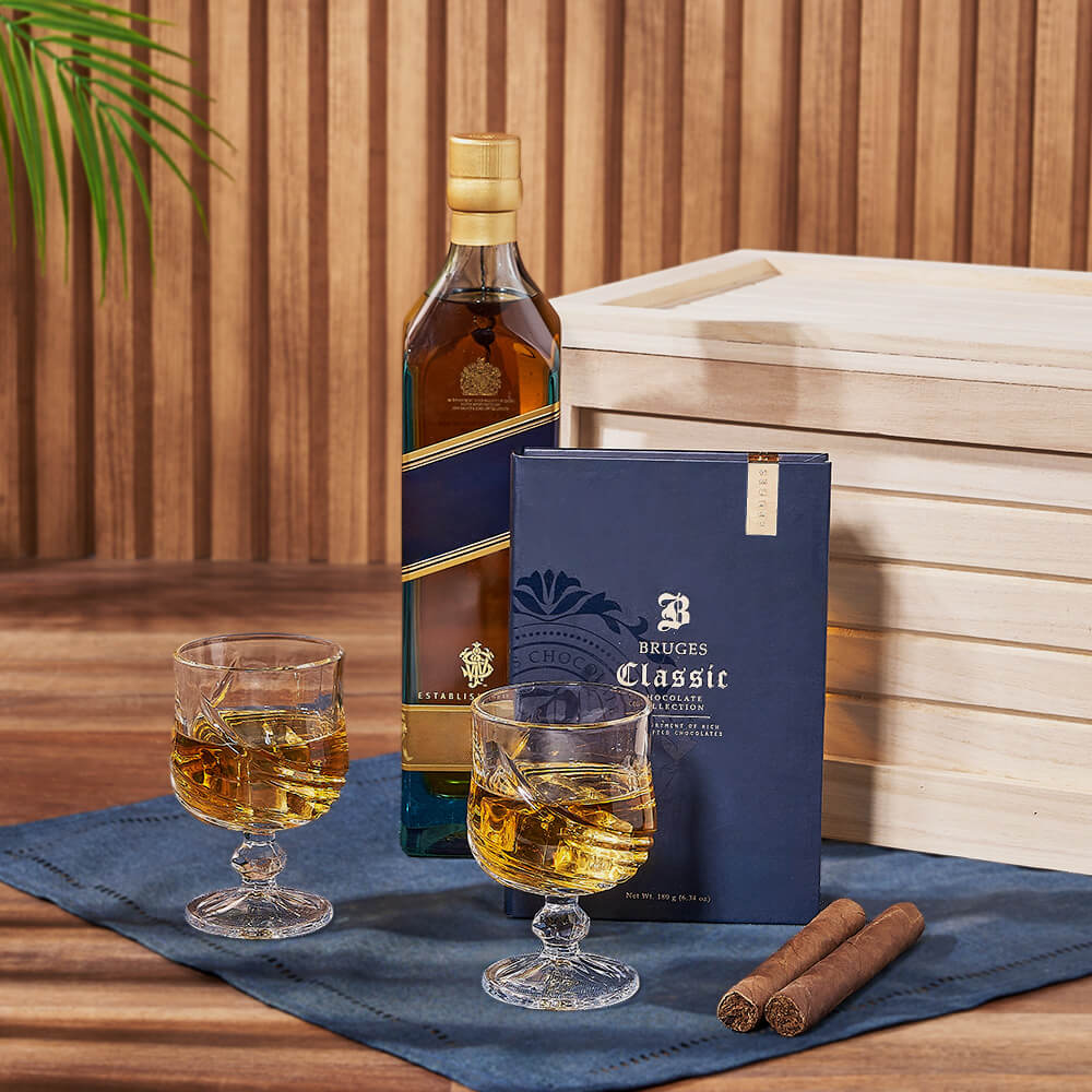 Deluxe Whiskey and Handcrafted Chocolate Gift Basket in Wooden Crate – how the gift is presented