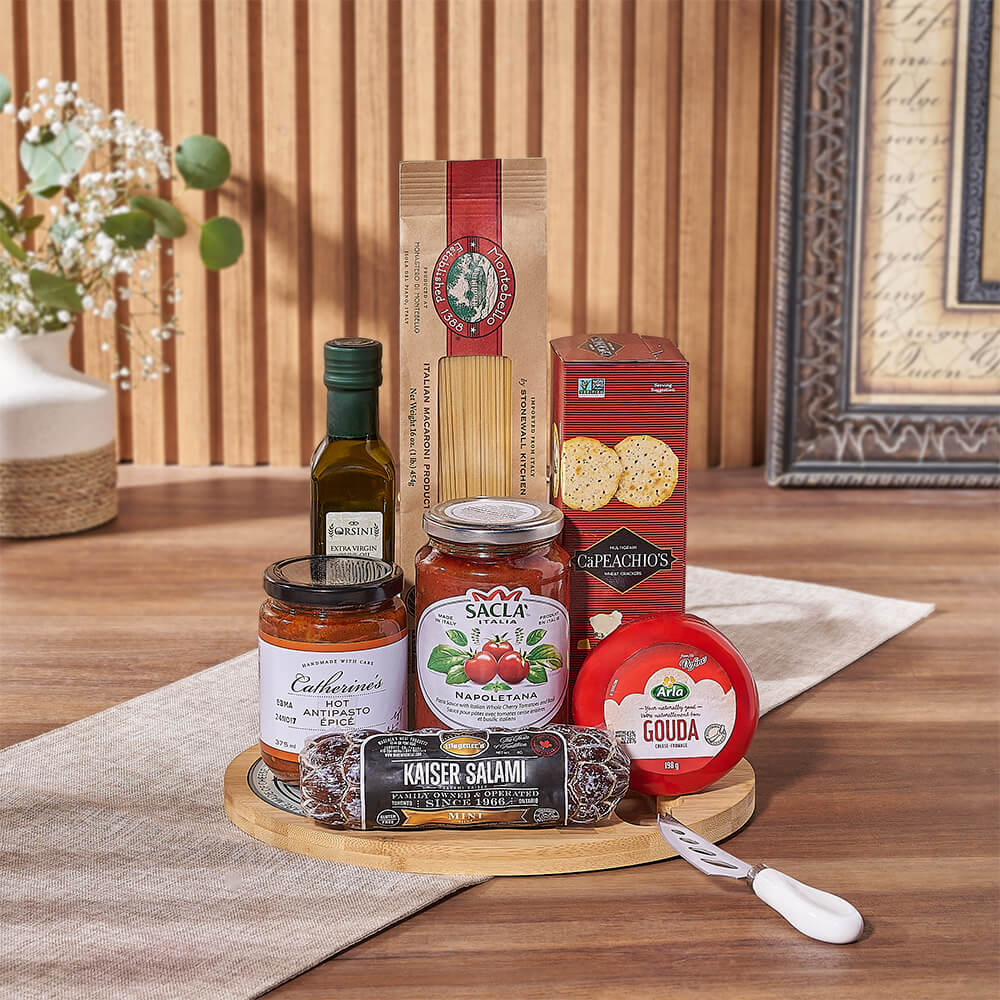 Classic Glass & Bamboo Cheese Board Gourmet Basket – how the gift is presented