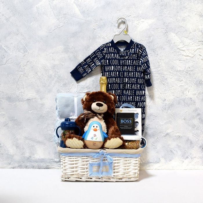 Baby Boy’s Flip N Sip Gift Set With Champagne from Boston Baskets - Champagne Gift Basket - Boston Delivery.