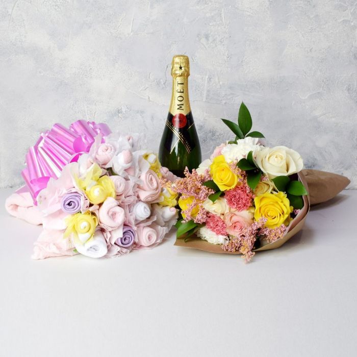 Baby Girl Bouquet Gift Set With Champagne from Boston Baskets - Champagne Gift Basket - Boston Delivery.