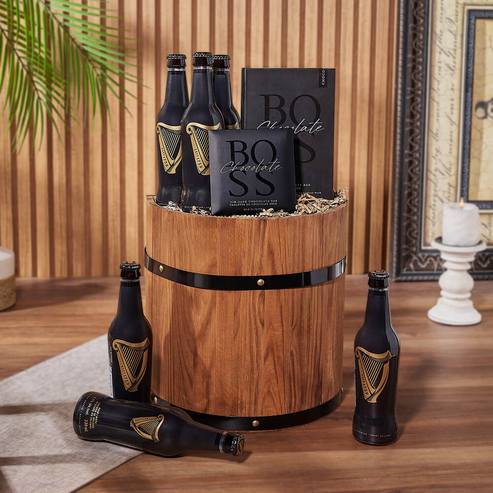 Boss Dark Chocolate with Six Bottle Beer Gift Basket in Wooden Half Barrel – how the gift is presented