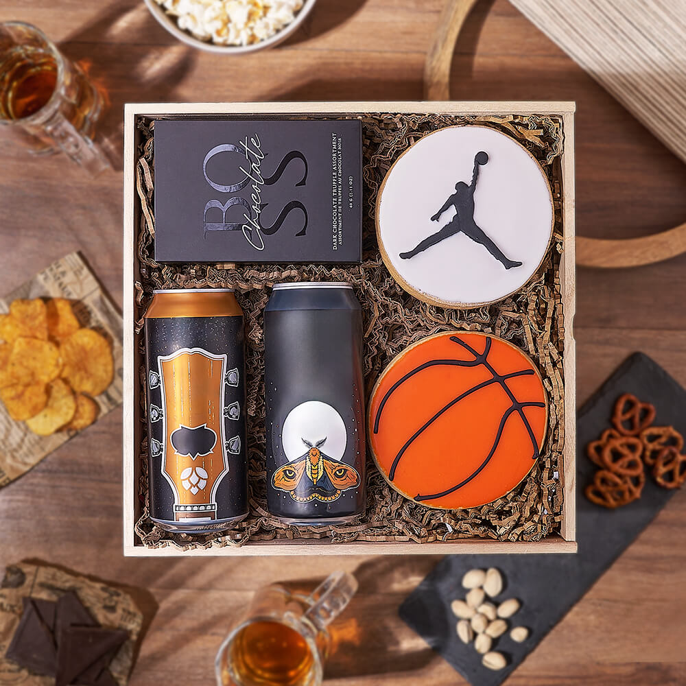 Basketball-Themed Craft Beer and Dark Chocolate Truffles Gift Box – how the gift is presented