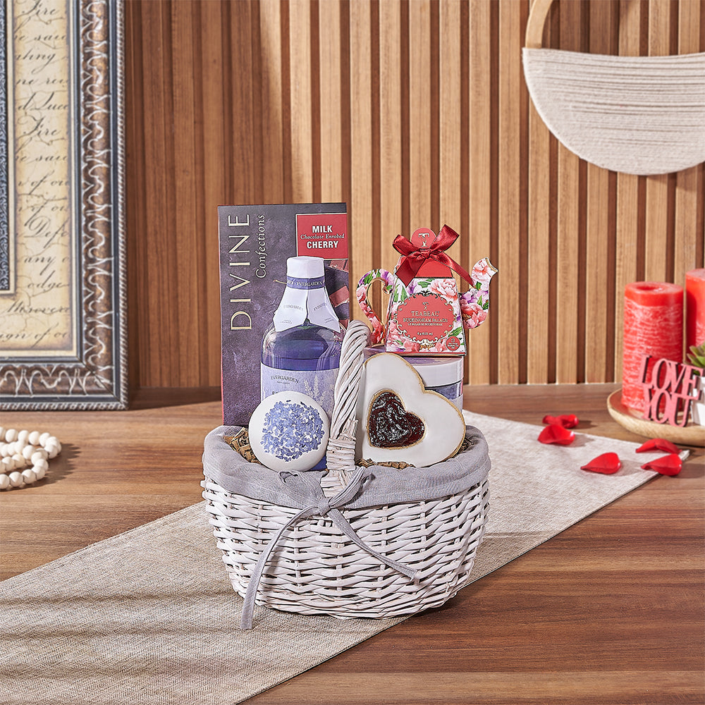 Valentine's Day Chocolate and Truffle Gift Box in White Wicker Basket – how the gift is presented