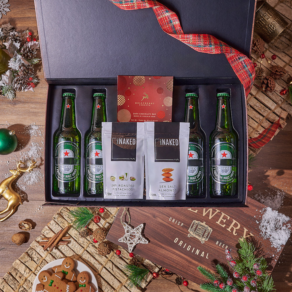 Craft Beer and Gourmet Nut Gift Basket with Pink Pistachios – how the gift is presented