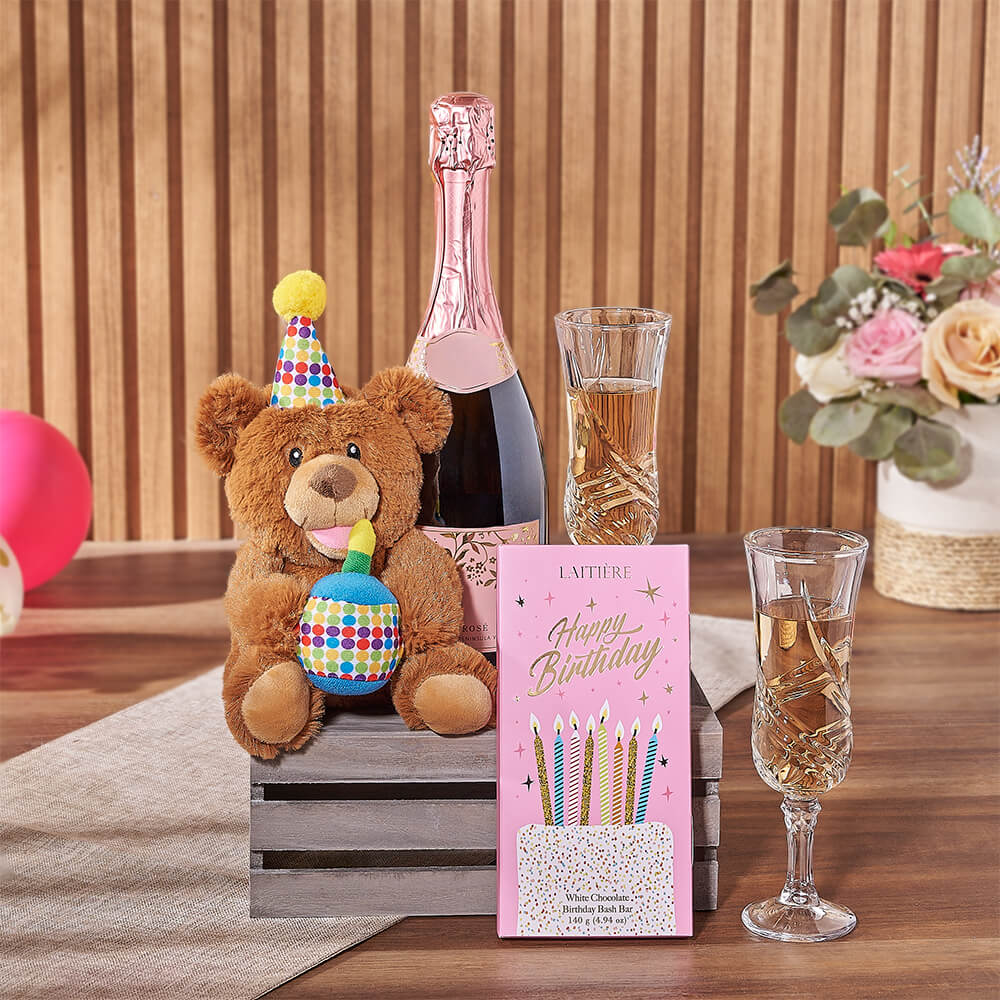 Birthday Bear & Champagne Gift Crate from Boston Baskets - Champagne Gift Set - Boston Delivery.