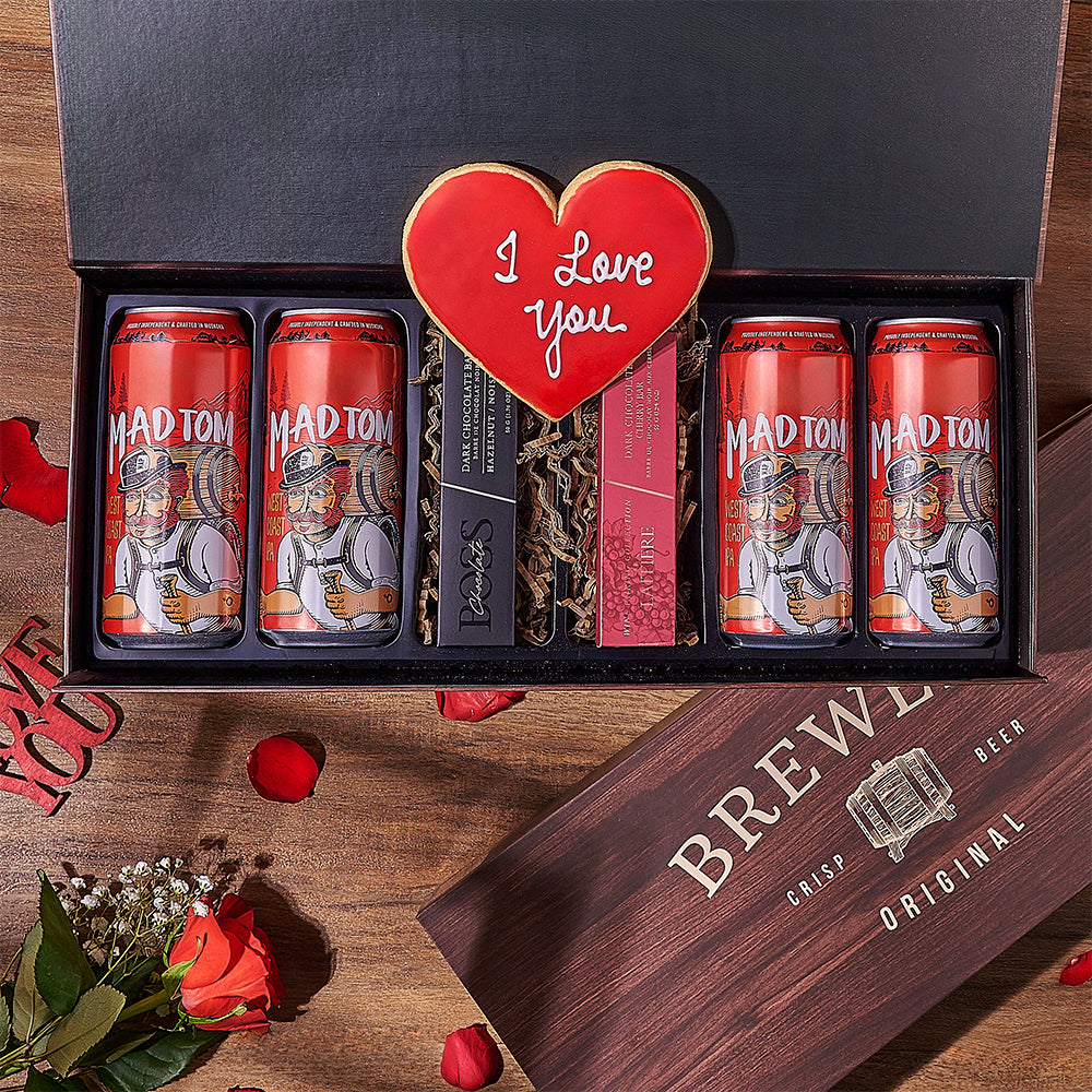 Valentine's Day Craft Beer Gift Basket with Cherry and Hazelnut Chocolates – how the gift is presented