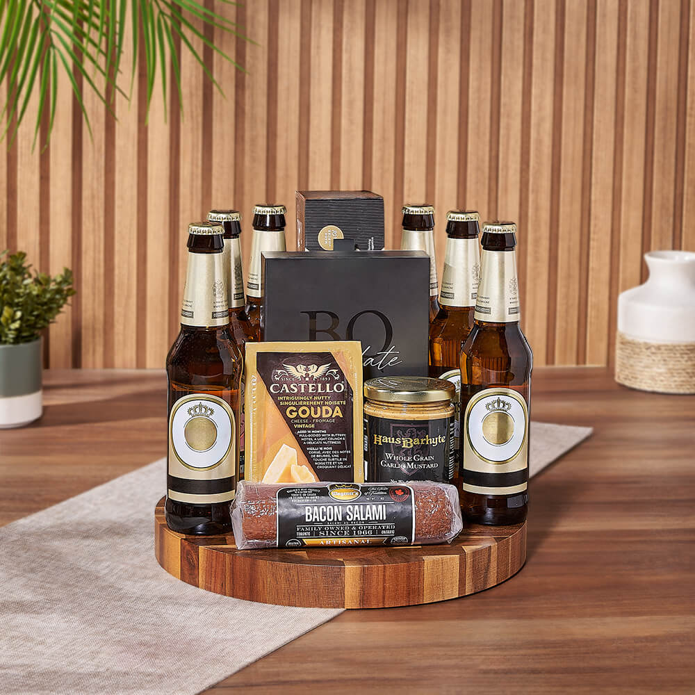 Premium Beer Gift Basket Featuring Crackers, Salami, and Cutting Board – how the gift is presented