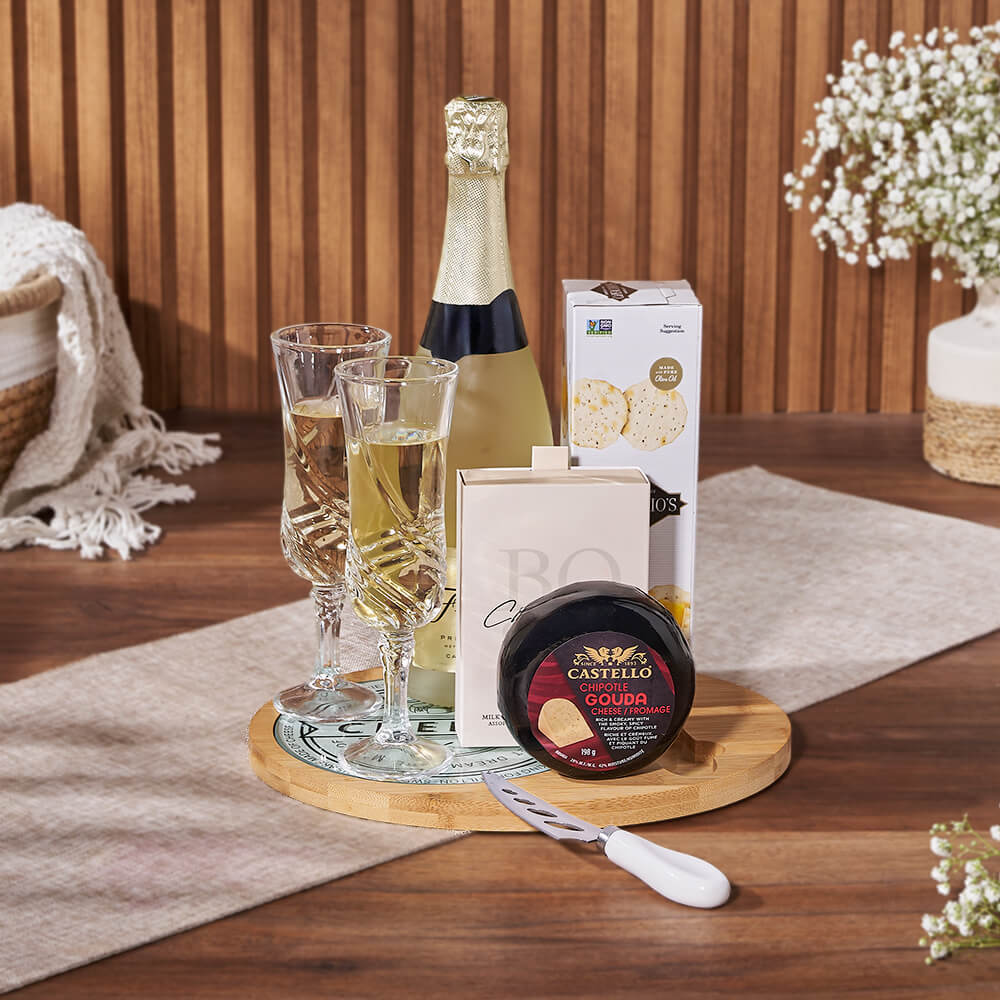 Sparkling Wine and Cheese Gift Basket with Truffle Assortment – how the gift is presented