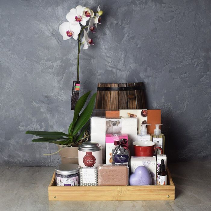 Phalaenopsis Orchid in Ceramic Pot with Spa Gift Collection – how the gift is presented