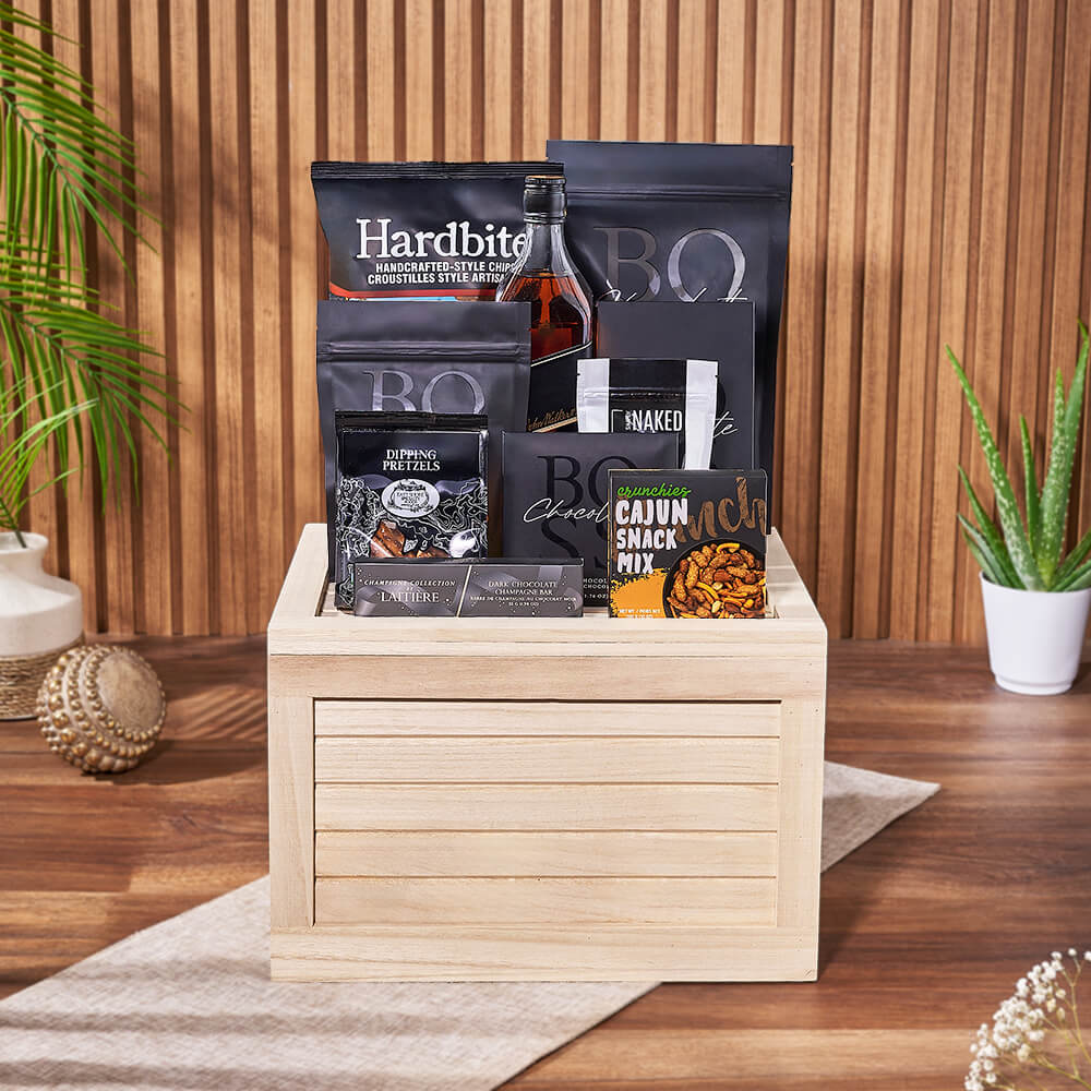 Wooden Crate Whiskey Gift with Gourmet Snacks – how the gift is presented