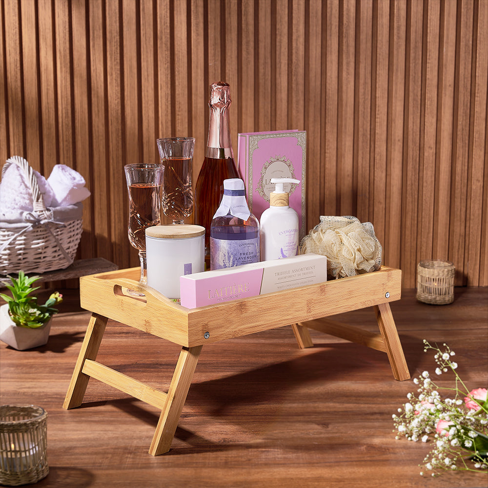 Sparkling Wine and Gourmet Lavender Gift Basket with Chocolates – how the gift is presented