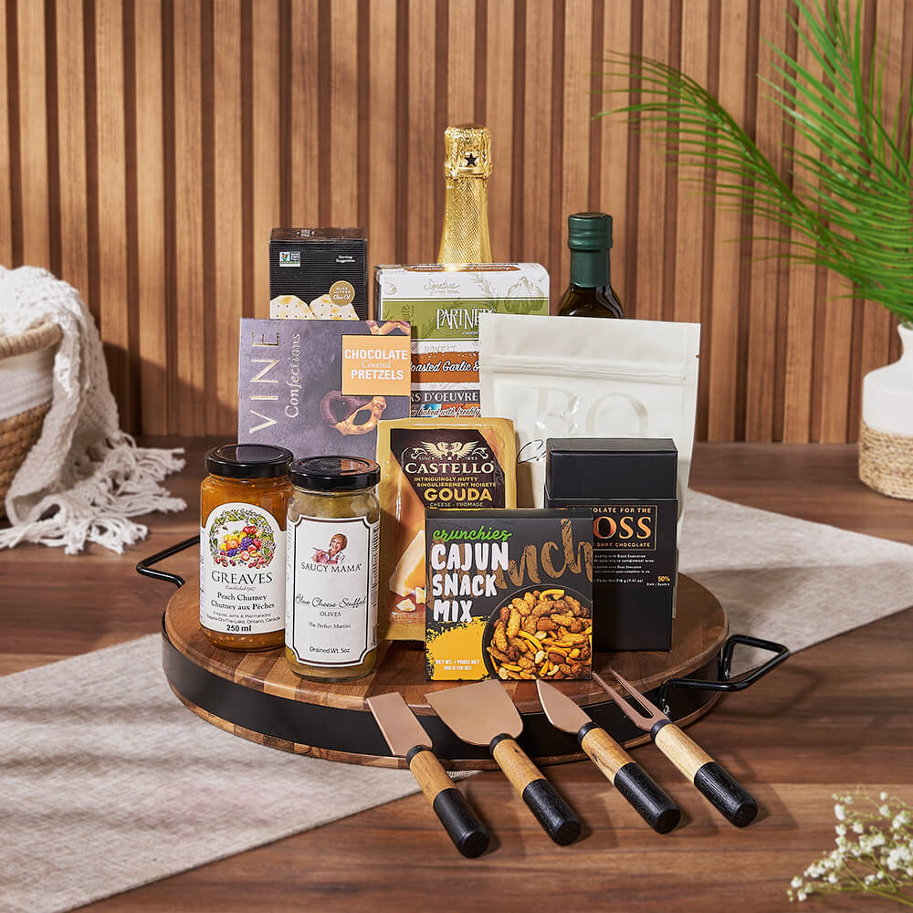 Sparkling Wine Gift Basket Featuring Gourmet Snacks and Cheese Knives – how the gift is presented