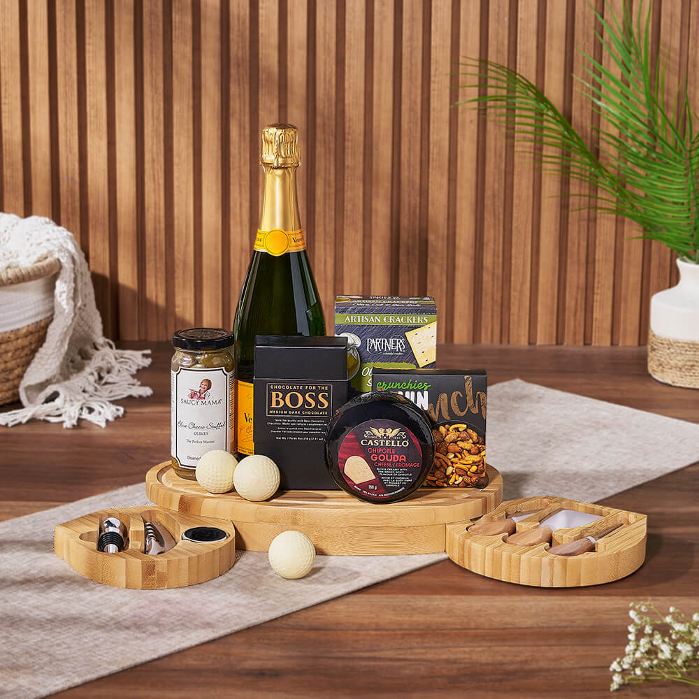 Sparkling Wine Gift Basket with Assorted Gourmet Treats and Cheese Tools – how the gift is presented