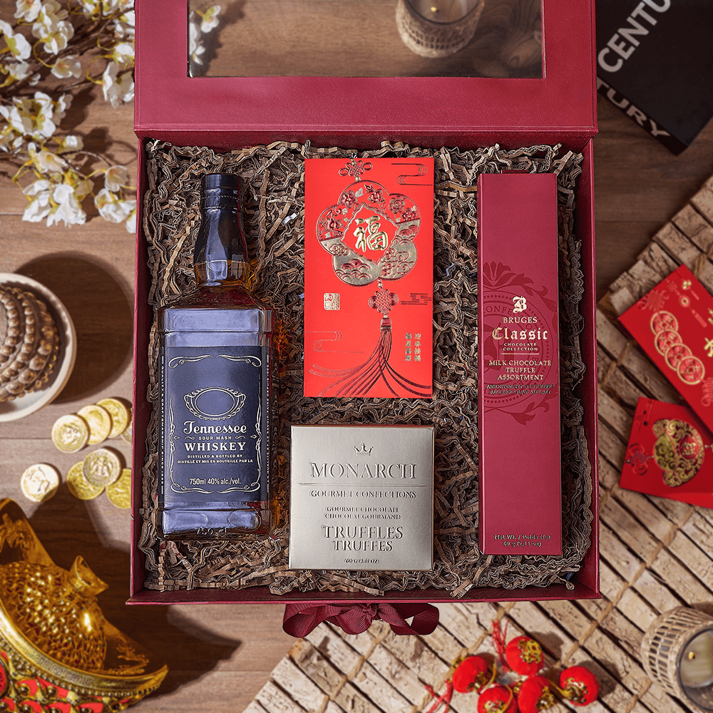 Chinese New Year Liquor Selection in Red Gift Box with Chocolates – how the gift is presented