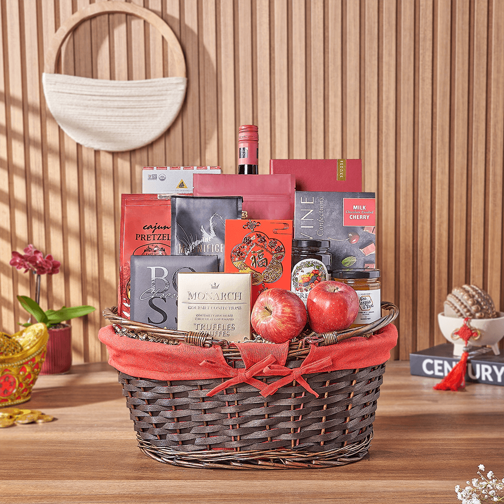 Classic Wine and Gourmet Snack Gift Basket for Chinese New Year – how the gift is presented