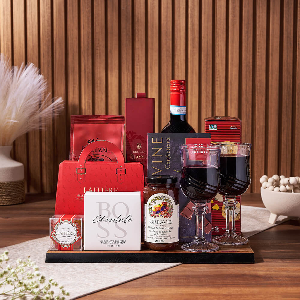Wine Basket with Gourmet Chocolate – how the gift is presented