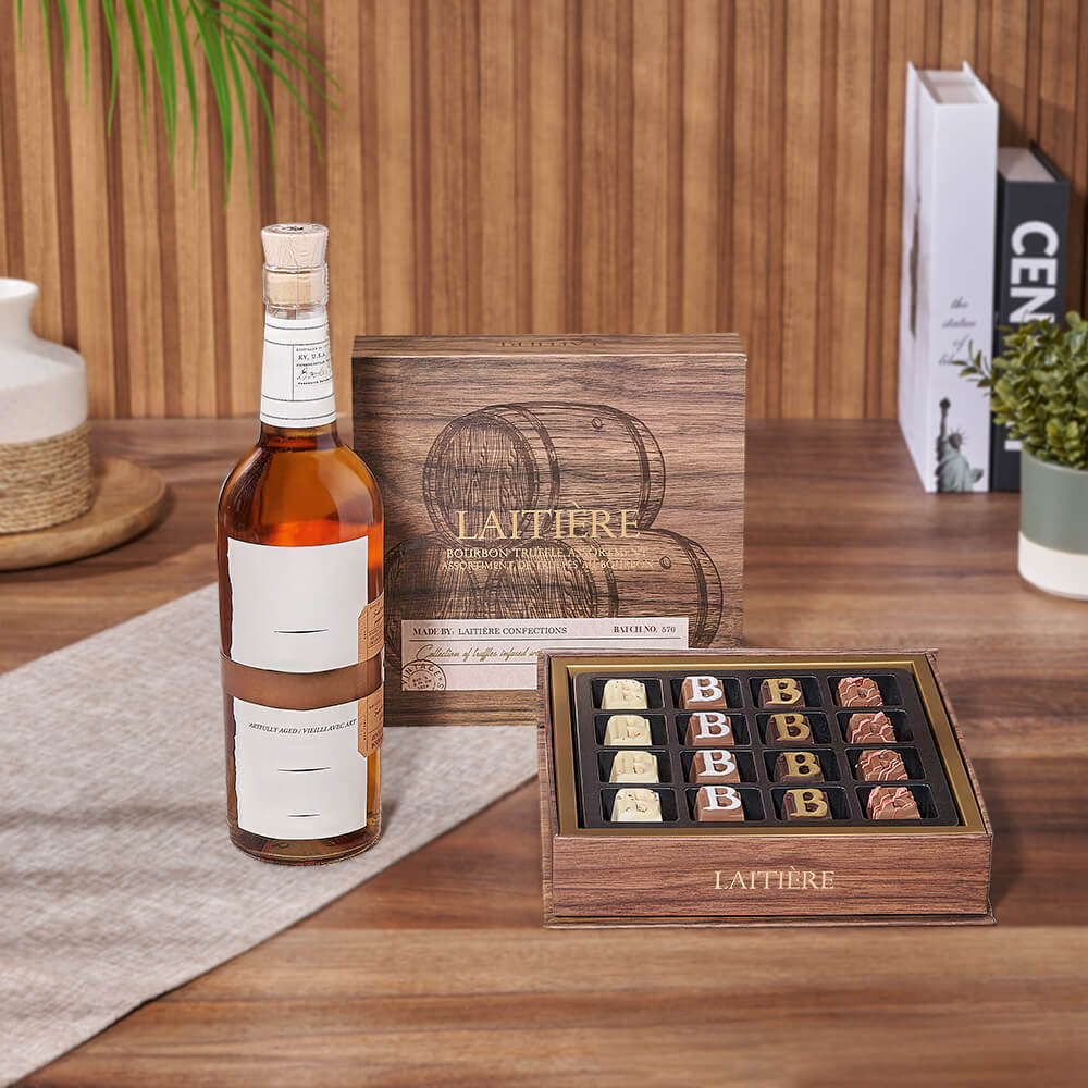 Whiskey and Bourbon Chocolate Truffles Basket Gift – how the gift is presented