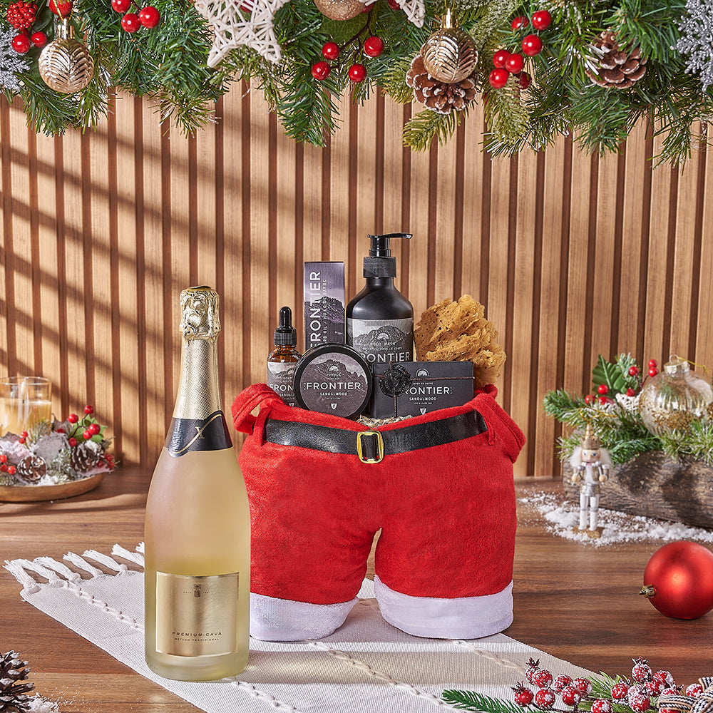 Festive Sparkling Wine Gift Bag Featuring Sandalwood Spa Collection – how the gift is presented
