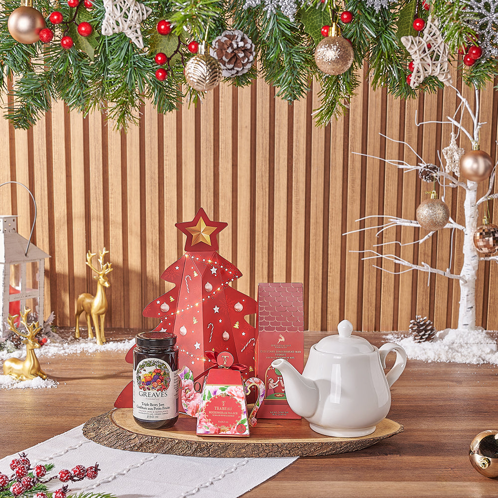 Christmas Tree Box with Truffles, Tea, and Serving Board Gift Basket – how the gift is presented