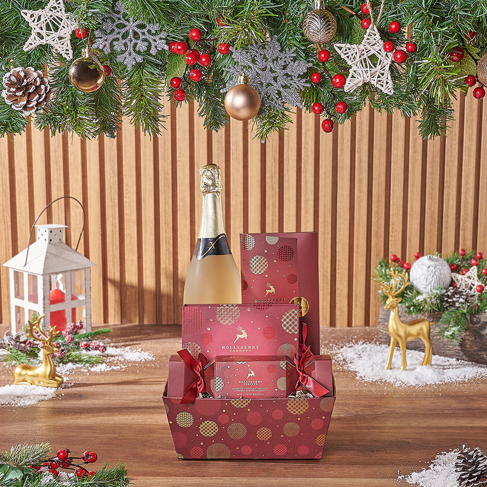 Festive Market Tray with Sparkling Wine and Gourmet Chocolates – how the gift is presented