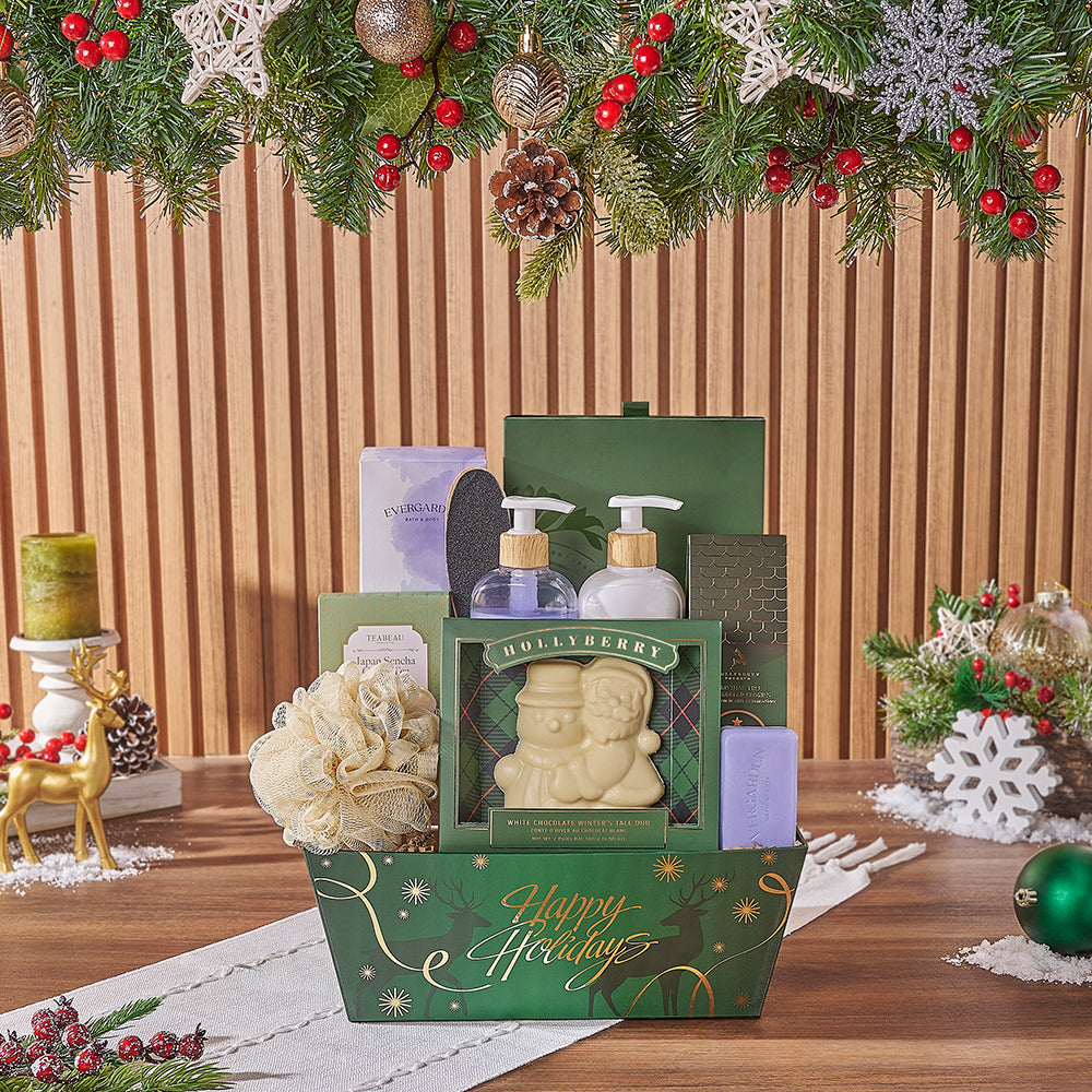 Holiday Market Tray with White Chocolate and Tea Gift Basket – how the gift is presented