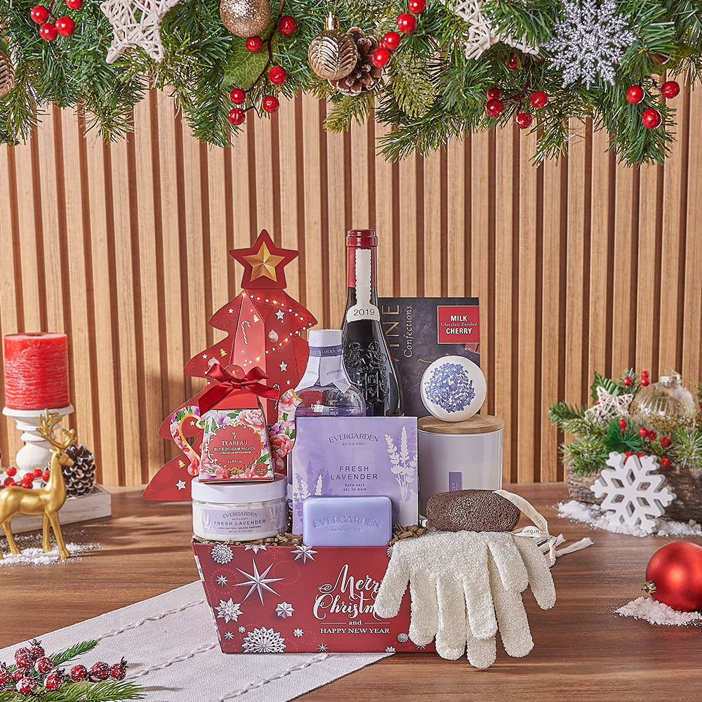 Holiday Wine Gift Basket Featuring Chocolate Covered Cherries and Festive Treats – how the gift is presented