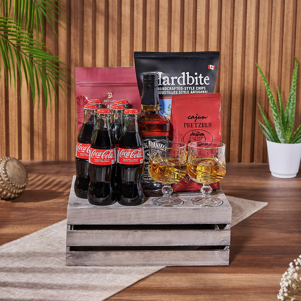 Whiskey Gift Crate Featuring Cajun Pretzels and Peanut Chocolate Bark – how the gift is presented