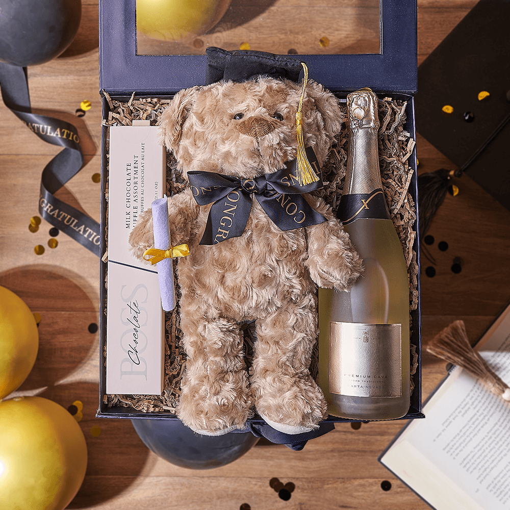 Sparkling Wine Gift Box with BOSS Milk Chocolate Truffles for Graduation – how the gift is presented