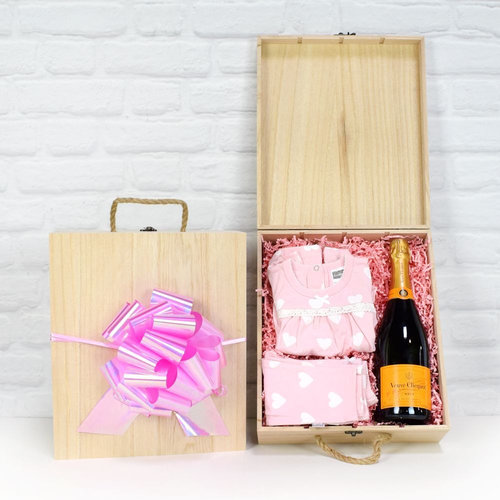 Celebration Champagne Four Slot Pine Box with Baby Girl Outfit – how the gift is presented