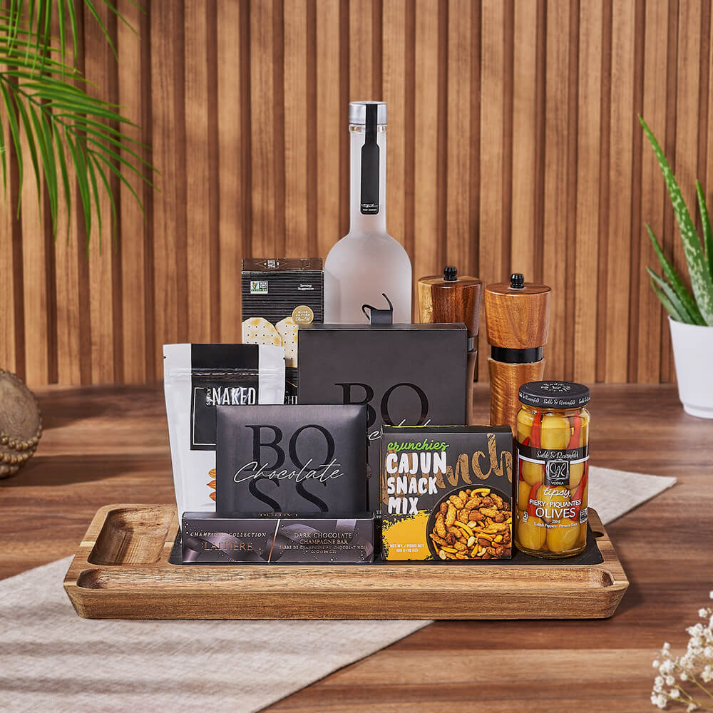 Vodka Gift Basket with Gourmet Dark Chocolates and Fiery Olives – how the gift is presented