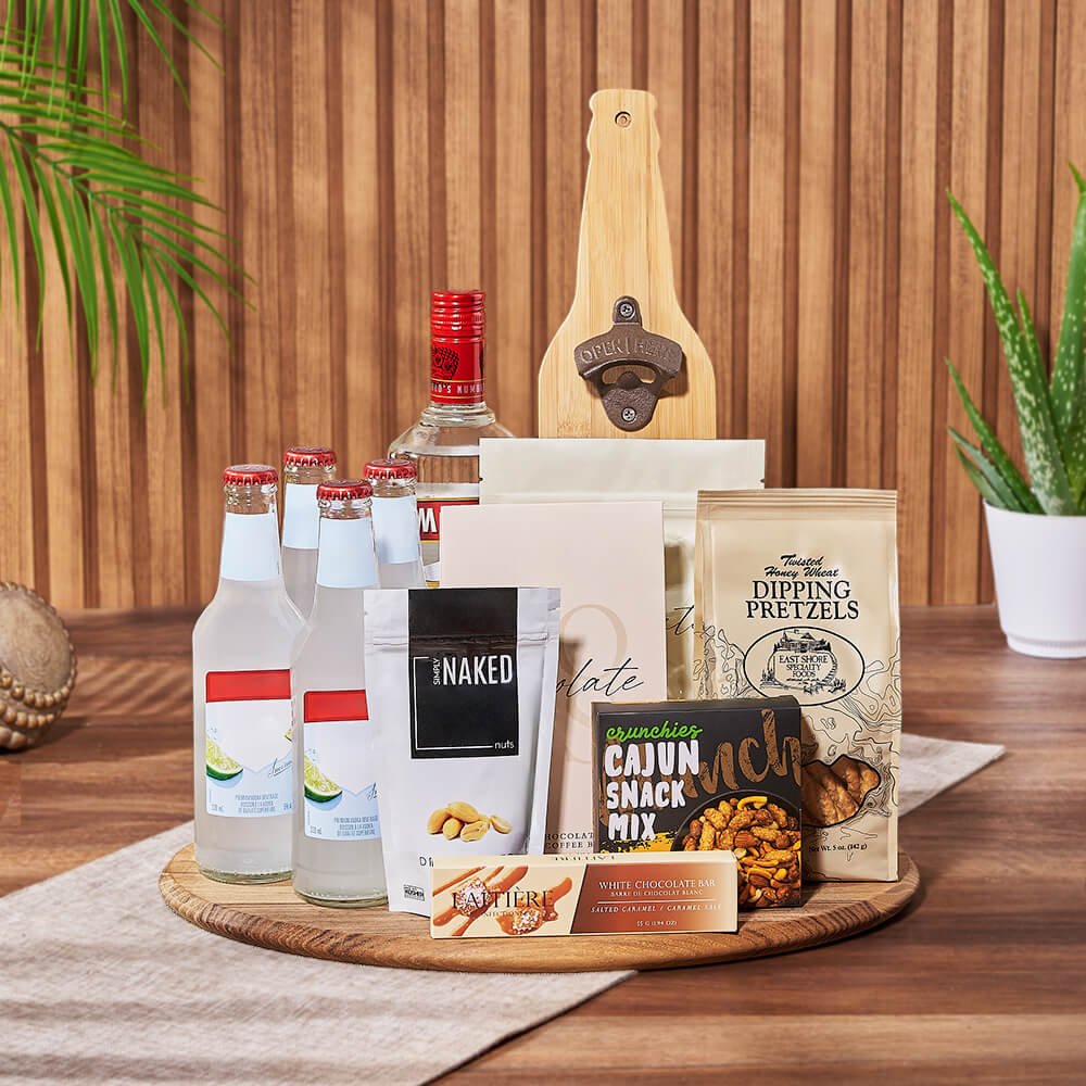 Vodka Gift Basket Featuring Butterscotch Cookies and Pretzels – how the gift is presented