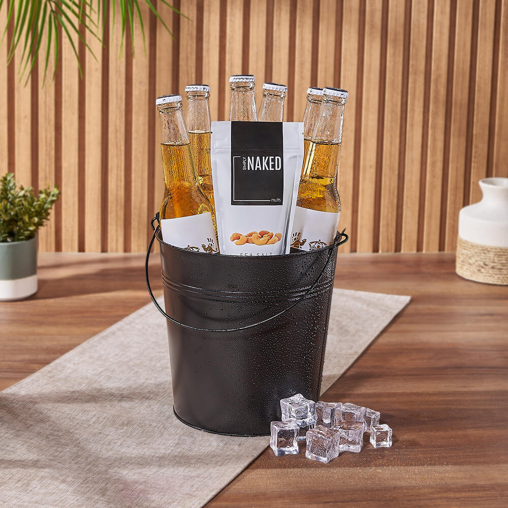 Corona Beer with Simply Naked Nuts Cashews Gift Bucket – how the gift is presented