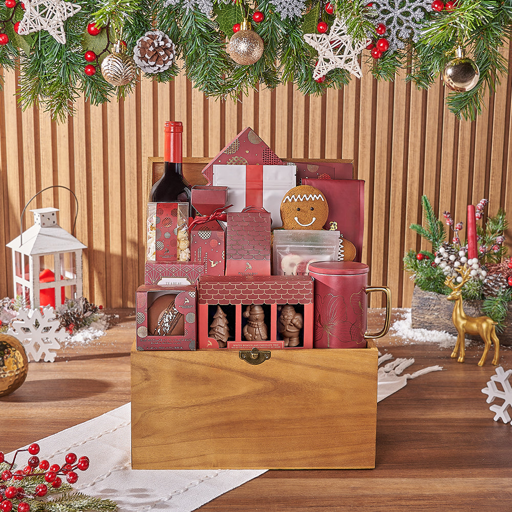 Holiday Wine and Assorted Chocolates – how the gift is presented