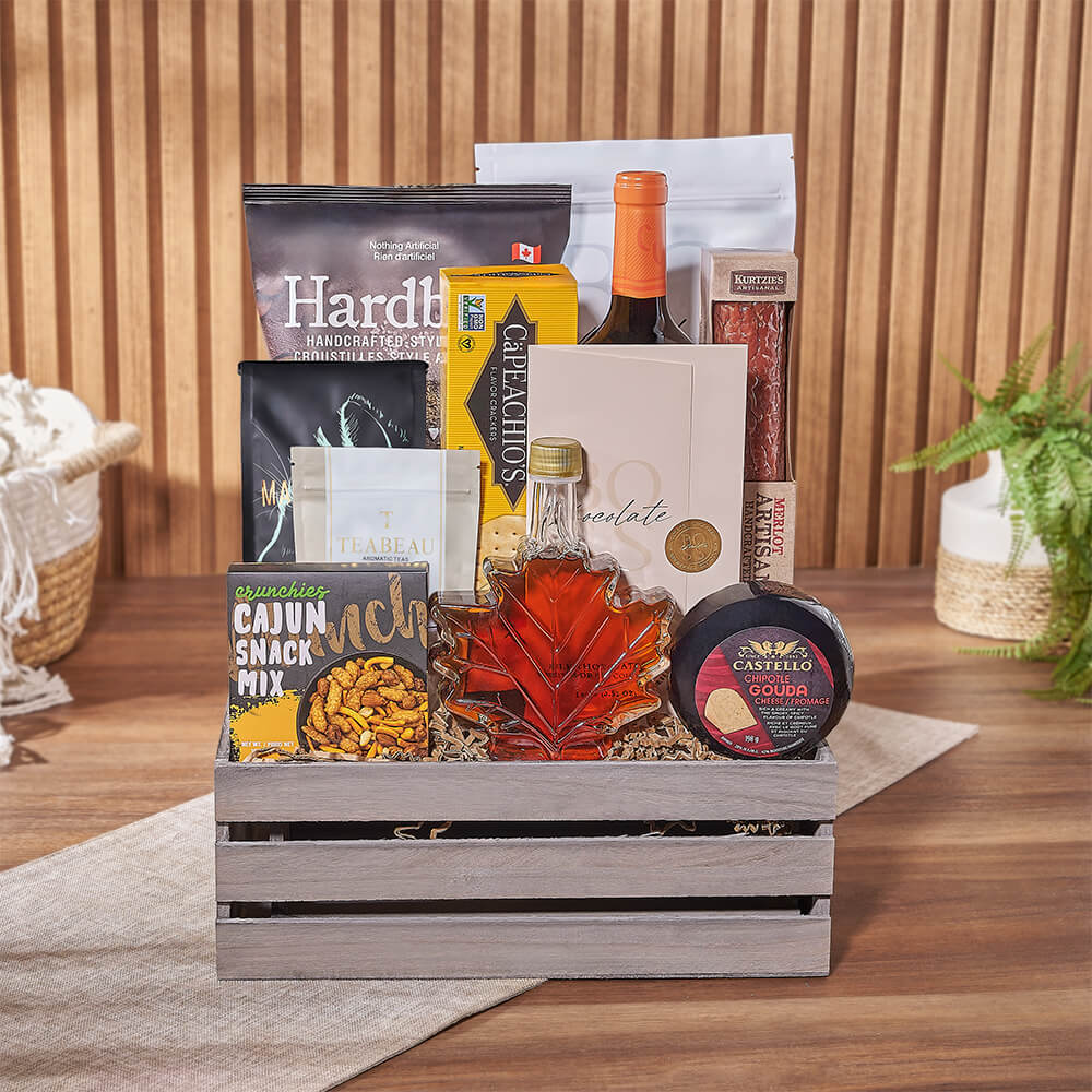 Rustic Wine and Gourmet Snack Gift Crate – how the gift is presented