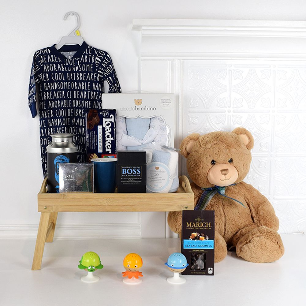 Baby Gift Basket Featuring Baby Sleeper, Rattles, and Fine Chocolates – how the gift is presented