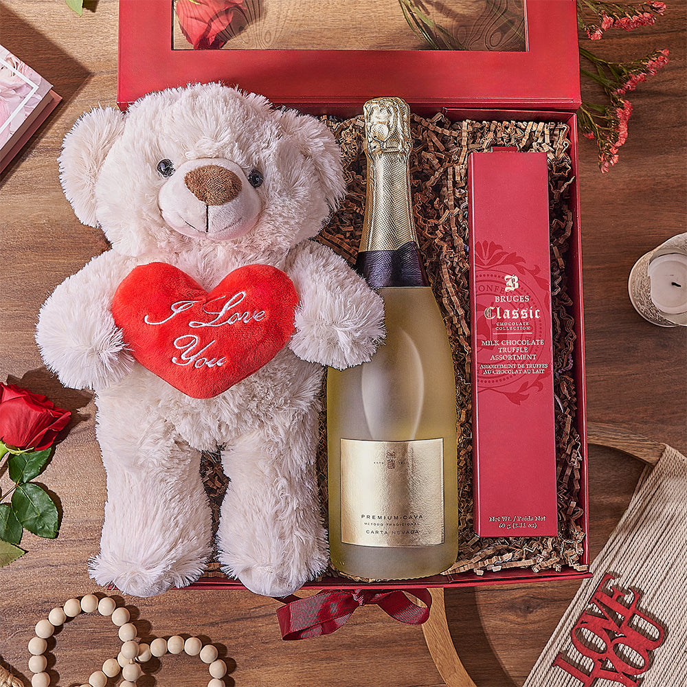 Valentine's Sparkling Wine Gift with Plush Bear and Milk Chocolate Truffles – how the gift is presented