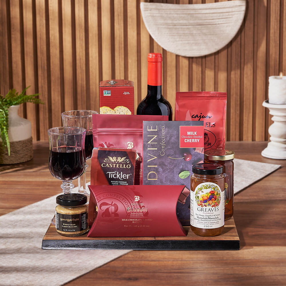 Wine Gift Basket with Cheese, Chocolate, and Crackers on Serving Board – how the gift is presented