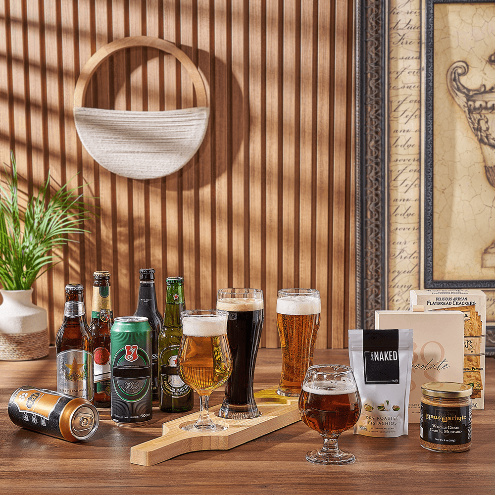 Deluxe Beer Flight Gift Basket with Gourmet Crackers and Truffles – how the gift is presented