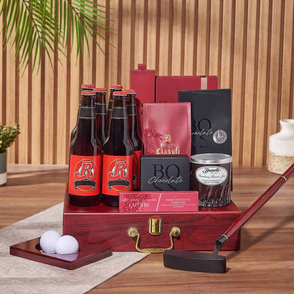 Gourmet Beer Basket with Golf Putting Set and Chocolates – how the gift is presented