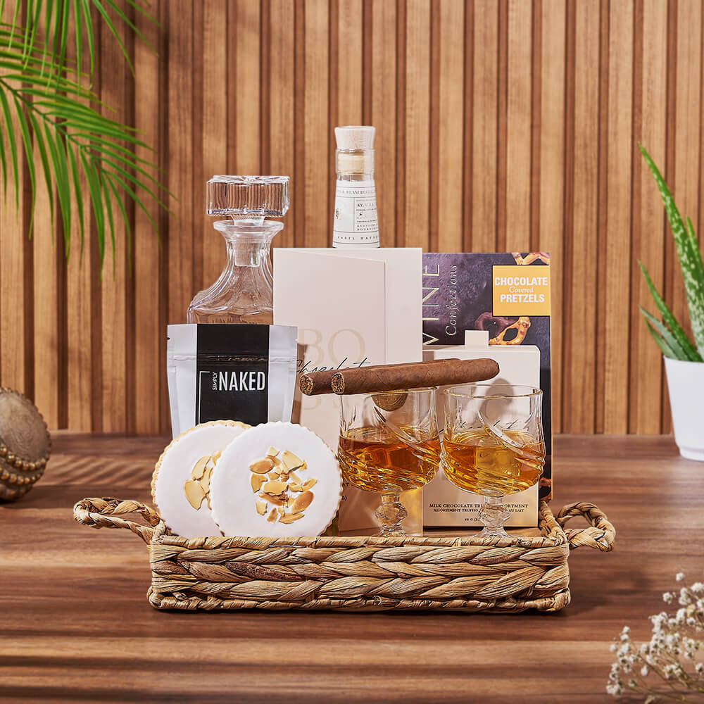 Gourmet Liquor Gift Basket in Woven Tray with Decanter and Snifter Glasses – how the gift is presented