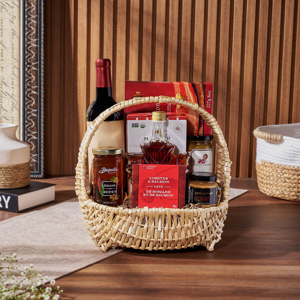 Classic Wine and Gourmet Seafood Gift Basket in Pale Woven Boat – how the gift is presented