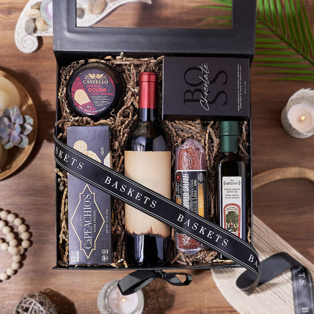 Wine Gift Box with Salami, Cheese & Chocolate Treats – how the gift is presented